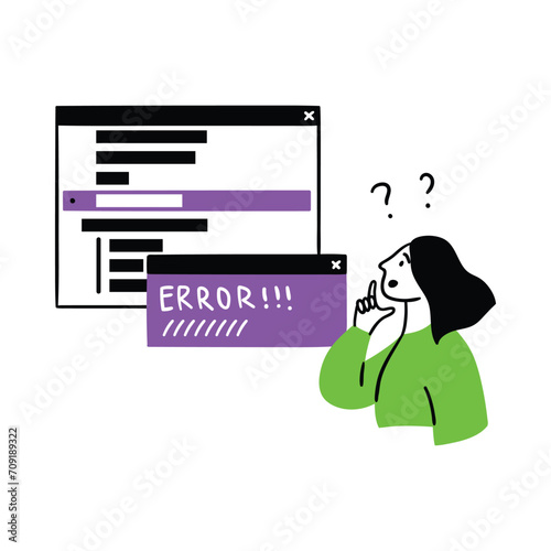 Cartoon Color Web Development Concept Scene with Character Girl and Error Search Flat Design Style. Vector illustration