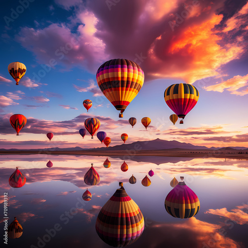Colorful hot air balloons taking off at sunrise.