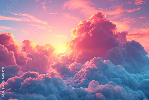 Beautiful aerial view above clouds at sunset, Beautiful cloudscape with blue sky and pink clouds