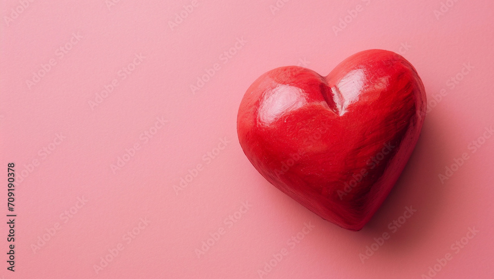 Red heart on pink background. One heart-shaped object is located to the side, there is space for text.