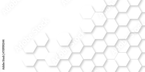 Seamless pattern of hexagons white Hexagonal background with white hexagons. Geometric futuristic technology honeycomb backdrop mesh cell vector. 3d white hexagon grid tile structure mesh background.