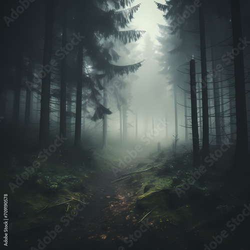 Enigmatic foggy forest scene
