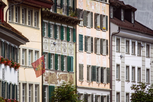 Fototapeta Naklejka Na Ścianę i Meble -  The colorful façades of Lucerne's downtown buildings