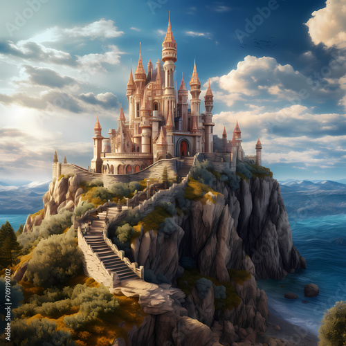 Fantasy castle on a cliff overlooking the sea.