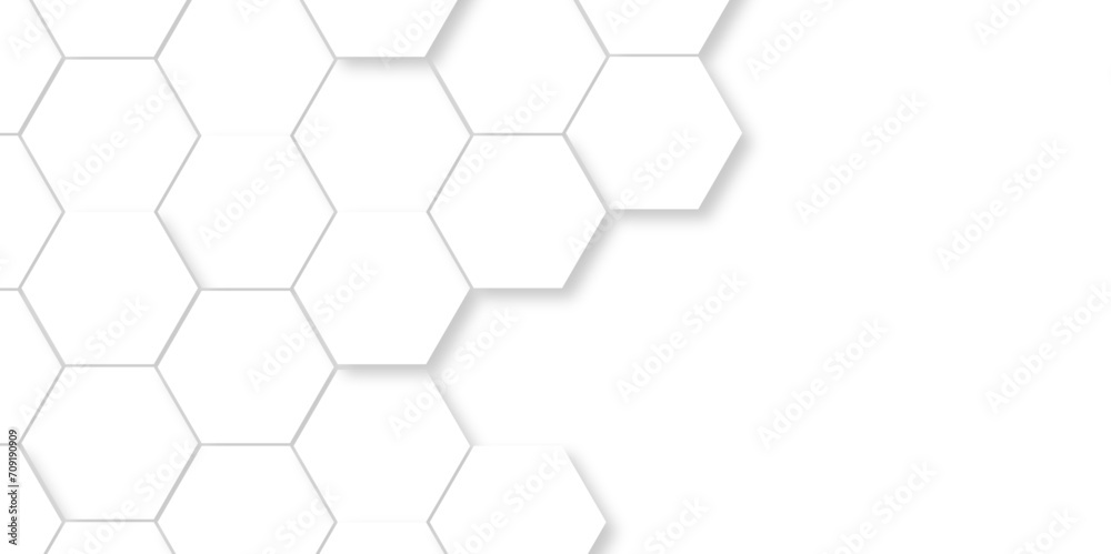 Naklejka premium Background pattern with hexagon white and gray technology line paper background. Hexagonal 3d vector grid tile and mosaic structure mess cell. white and gray hexagon honeycomb geometric copy space.