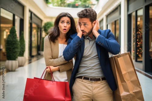 A stressed man with his wife shopping.
