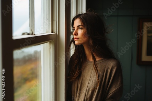 A woman standing at a window looking into the distance.