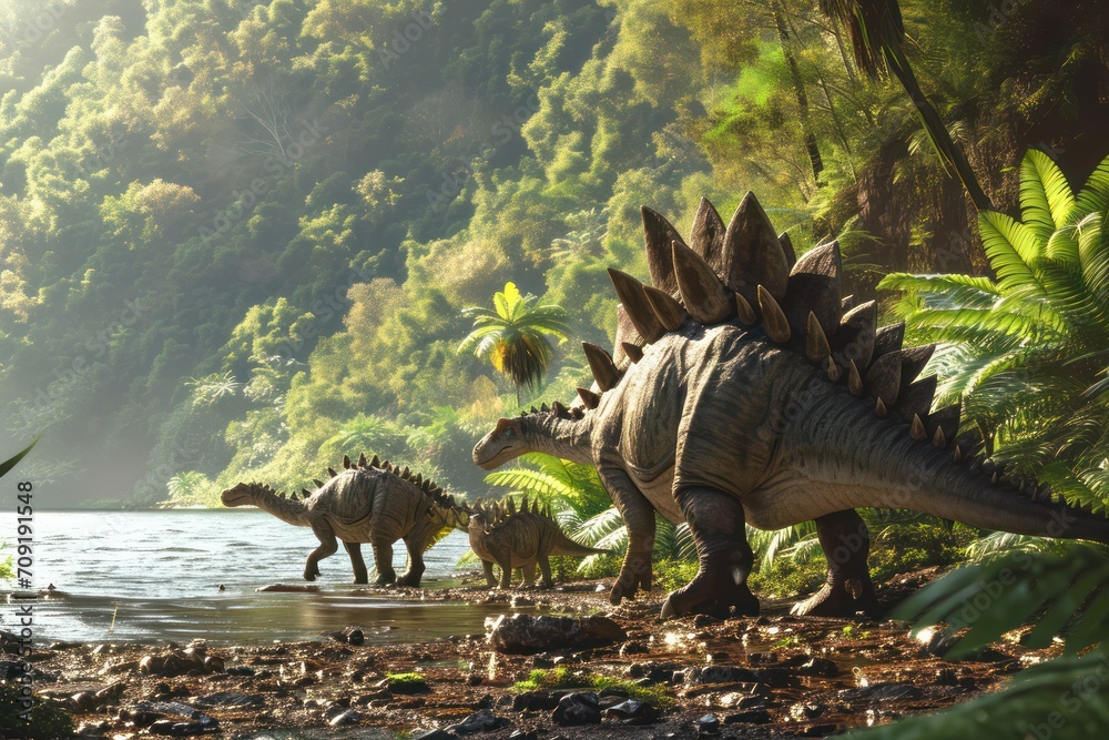 Naklejka premium Stegosaurus herd in a lush forest, highlighting a diverse and thriving prehistoric ecosystem.