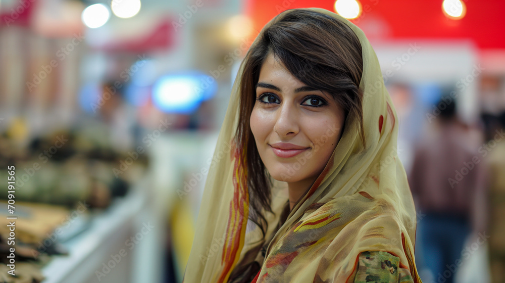 A smiling young lady wearing a headscarf at a military expo A smiling young lady wearing a headscarf at a military expo