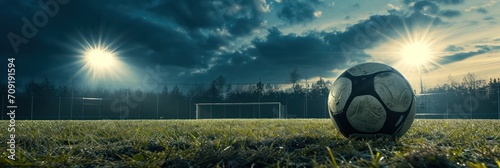 Aged soccer ball on the field under dramatic sunlight with dark clouds and goal in the background © olga_demina