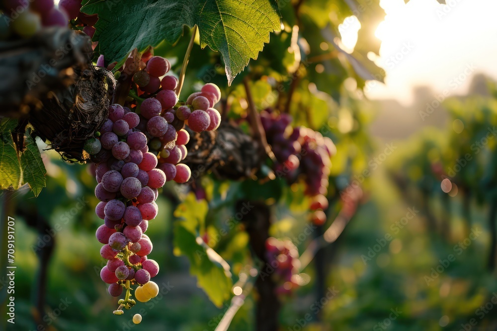 Grapes transitioning from green to red in a vineyard, basking in the soft sunrise