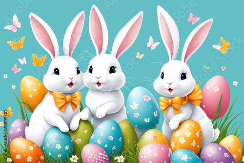 White Easter bunny rabbits in different poses and Easter eggs illustration on the color background. Generative Ai © SOLOTU