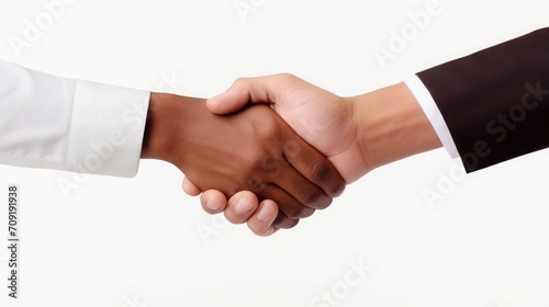 Handshake of two people of different races white background, conclusion of a business agreement, meeting of business people