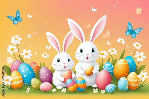 White Easter bunny rabbits in different poses and Easter eggs illustration on the color background. Generative Ai