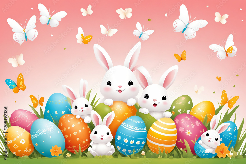 Obraz premium White Easter bunny rabbits in different poses and Easter eggs illustration on the color background. Generative Ai