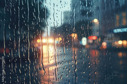 City view through a window on a rainy night,Rain drops on window with road light bokeh. In Night Life.