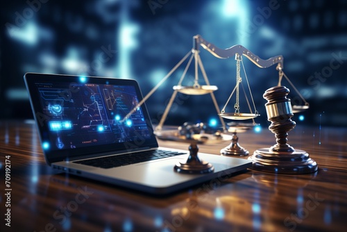 Legal AI. Gavel, Laptop and Astute Icons on Table - Online Law Technology and AI Control