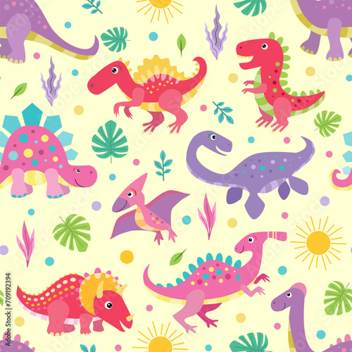 Seamless pattern with fun colored dinosaurs on a yellow background. For children s fabric design  wallpaper  wrapping paper  prints  posters  scrapbooking  etc. Vector illustration