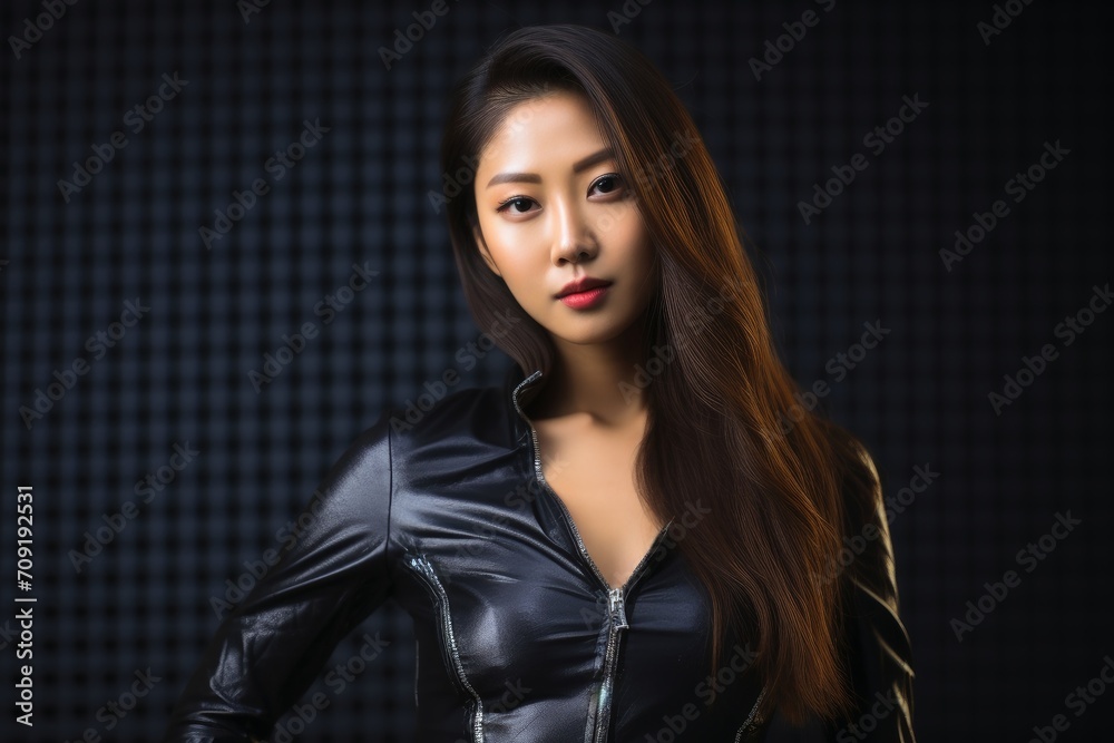 A young asian woman in a leather outfit. A young asian woman in a leather outfit.