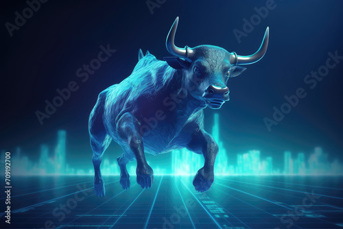 Metallic blue bull or bullish with market trend in crypto currency or stocks. Trade exchange background  up arrow graph for increase in rates.3d render illustration.