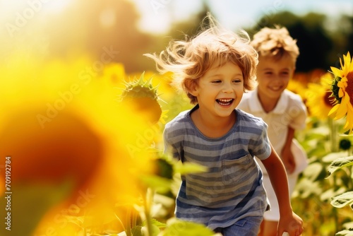 Children playing in a sunflower field on a bright summer day.