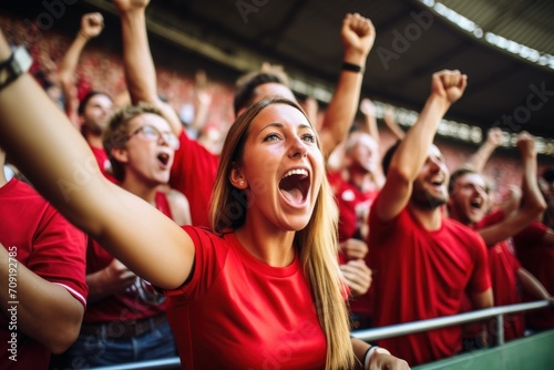 Cheering fans at a soccer match in a stadium.