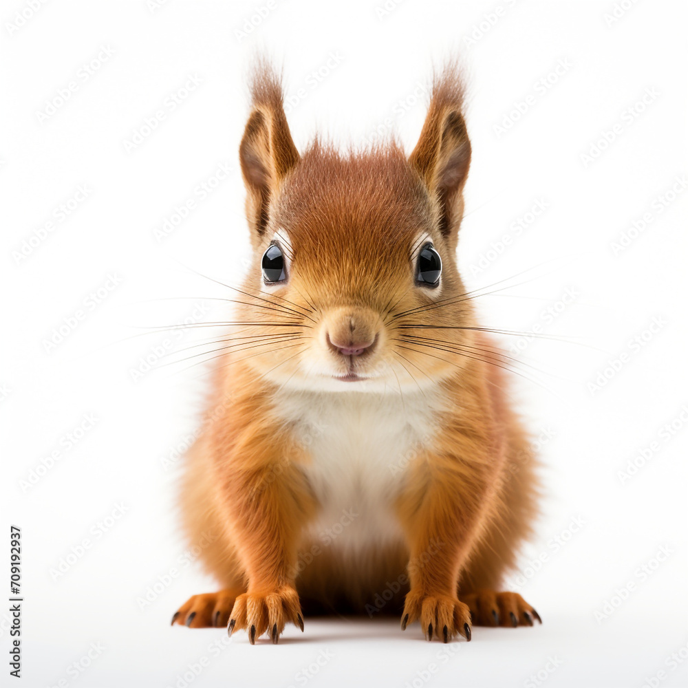 a cute squirrel facing the camera, the tail behind it, on a white background created with Generative Ai a cute squirrel facing the camera, the tail behind it, on a white background created with Generative Ai