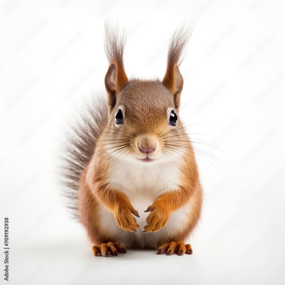 Obraz premium a cute squirrel facing the camera, the tail behind it, on a white background created with Generative Ai
