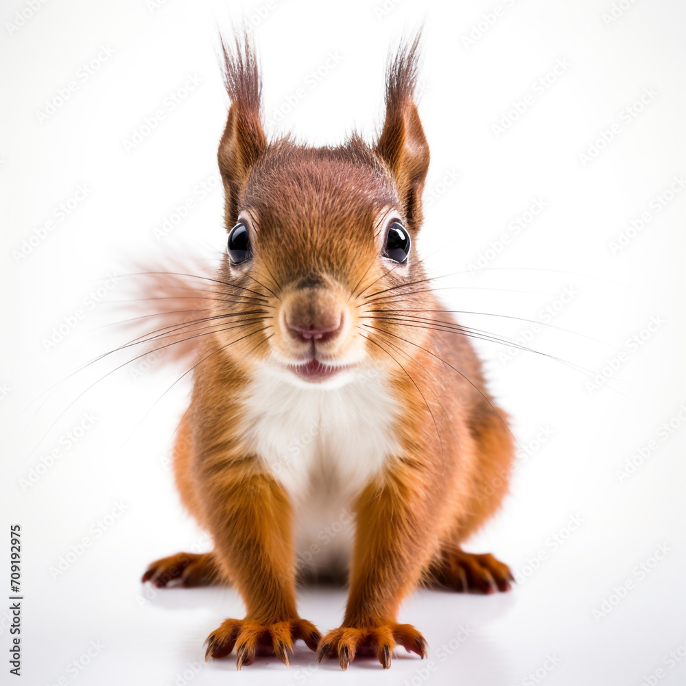 a cute squirrel facing the camera, the tail behind it, on a white background created with Generative Ai