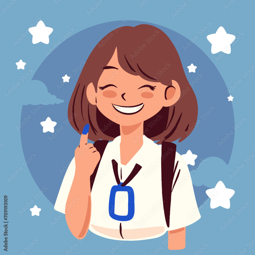vector illustration of a young girl proudly participating as a voter in the election process