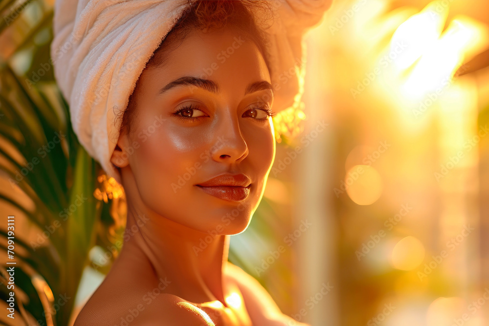 Fototapeta premium Soft Spa Moments: A Woman's Radiant Skin in Golden Light
