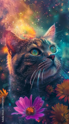 magical portrait of a british cat, full color flowers, stars, cinematic shine