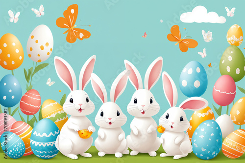 White Easter bunny rabbits in different poses and Easter eggs illustration on the color background. Generative Ai