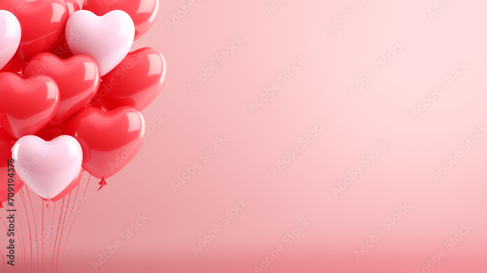 Valentines day background banner. The background is pink in color and there are floating heart balloons