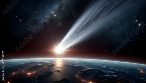 Comet Halley s Majestic Journey Past Earth Illuminating the Darkness of Space with Its Radiant Tail - Generative AI