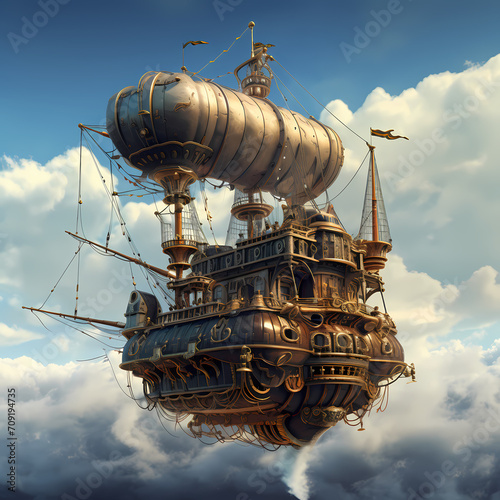 Steampunk airship sailing through the clouds.