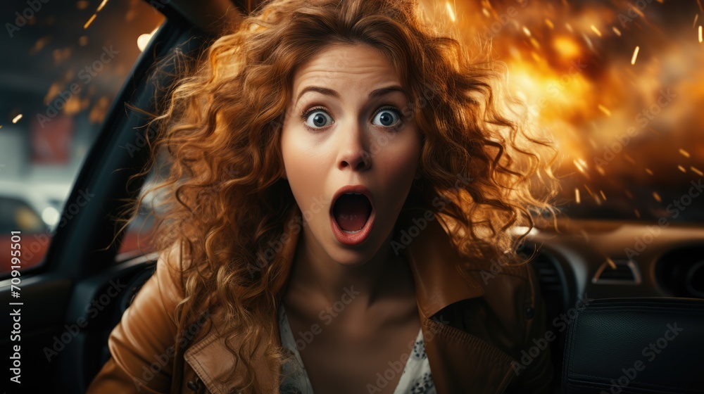 woman learning driving car with shocked face.
