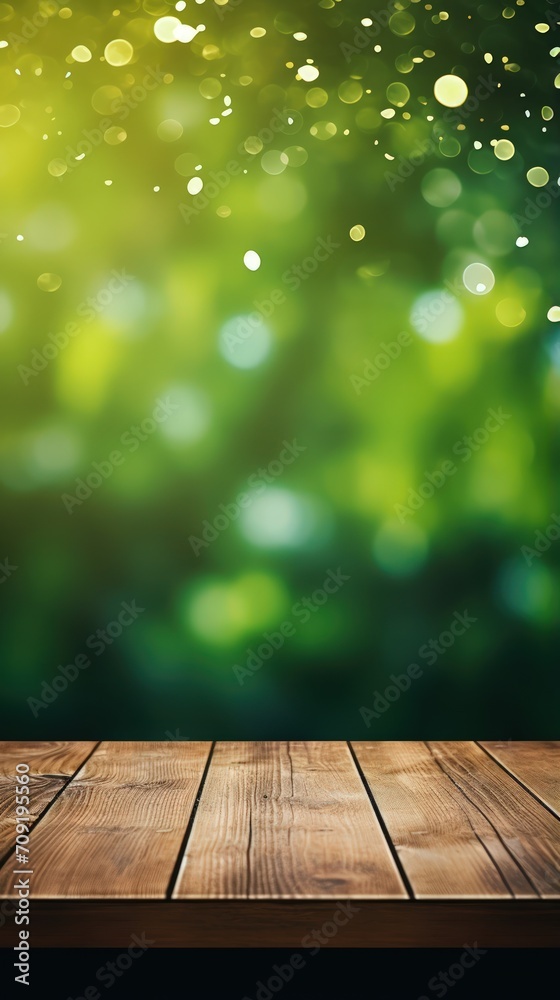 An empty wooden table with a green background featuring bokeh. An empty wooden table with a green background featuring bokeh.
