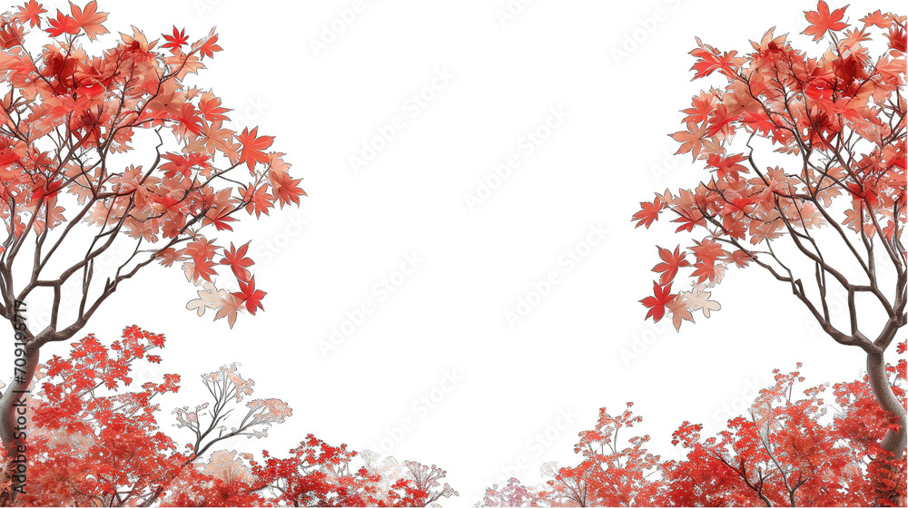Red autumn leaves on a tree - graphic border frame with transparent background