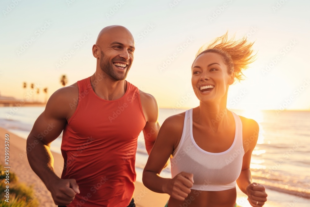 Fitness enthusiasm shines as two male and female runners take on the waterfront promenade