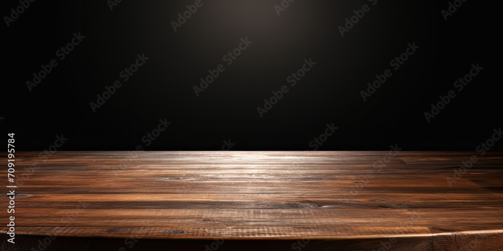 Wooden table top on black background with spotlight. Suitable for showcasing or creating product collages. Wooden table top on black background with spotlight. Suitable for showcasing or creating product collages.