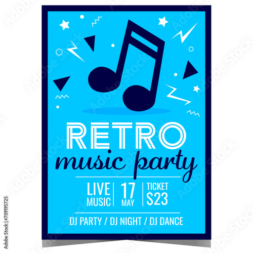Retro music party invitation poster or banner with dancing music note on the blue background. Vector leaflet or flyer for live music entertainment event  in the nightclub in old vintage style.