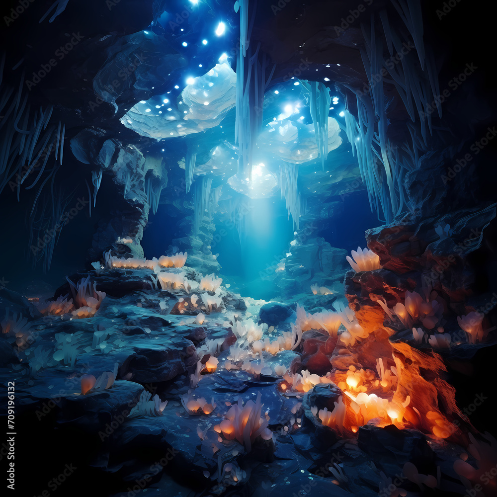 Underwater cavern with glowing crystals and fish.