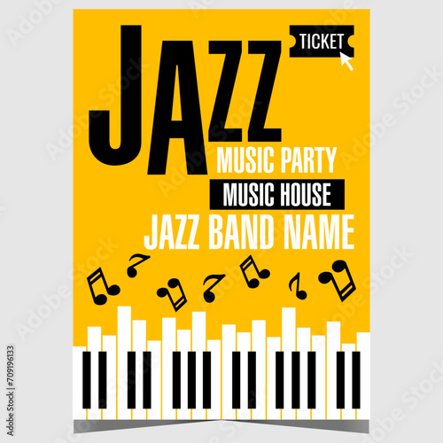 Jazz music party invitation with piano keys and musical notes on yellow background. Vector poster or banner suitable for jazz music festival, live concert or show and other cultural music events.