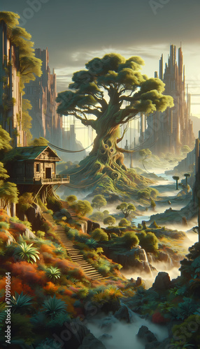 A graphic image of a tree house in a futuristic art style  set in grandiose ruins amidst a sublime wilderness