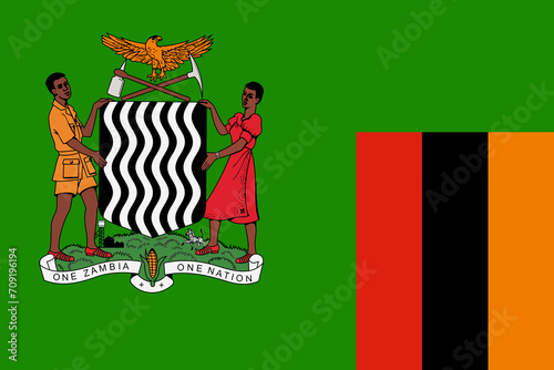 The official current flag and coat of arms of Republic of Zambia. State flag of Zambia texture. Illustration.