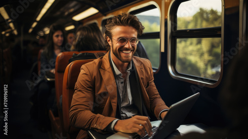 young business man enjoying trip in comfortable train through the mountain and using laptop.