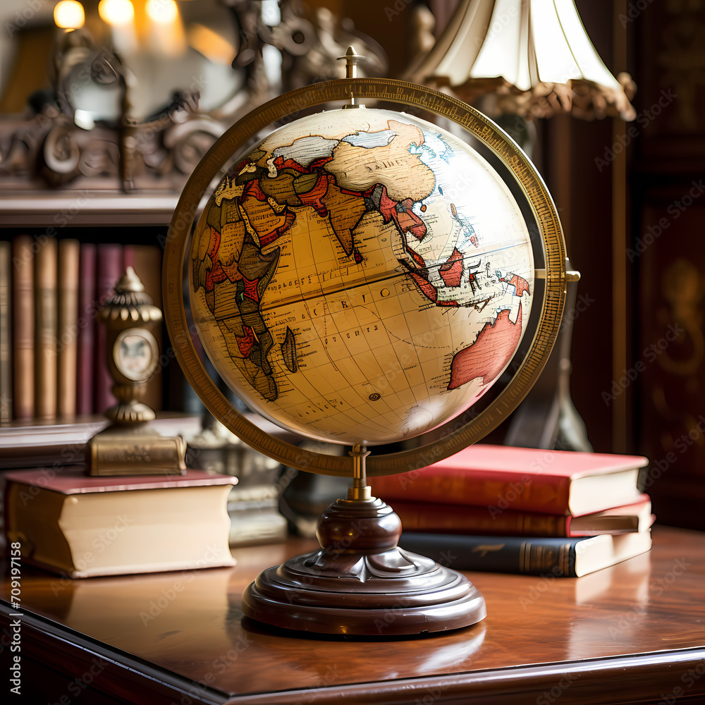 Vintage globe on an antique desk.