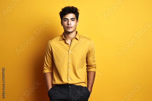 Young male fashion model on a single colored background.