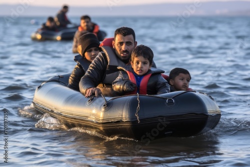 Fictional view of many refugees on a rubber dinghy. photo